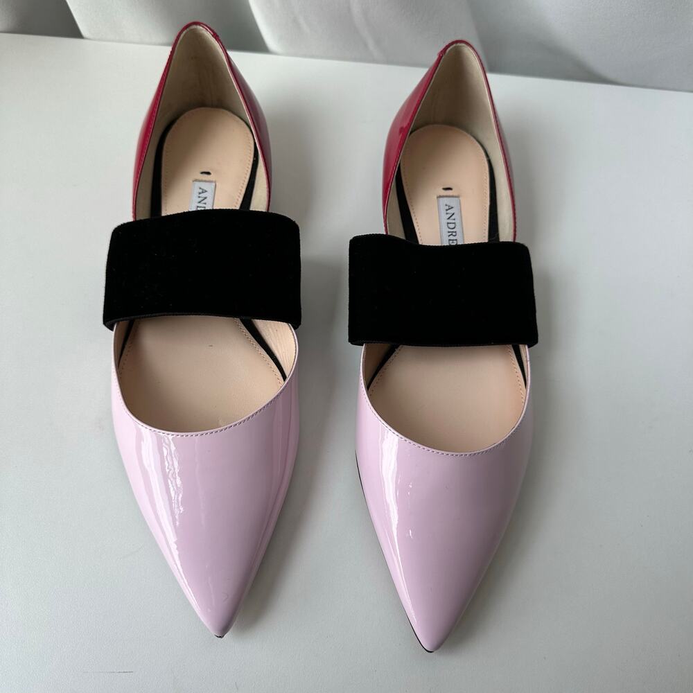 Andrea Gomez Dakota Pink Patent Pointed Toe Flats Velvet Strap Dopamine Dressing